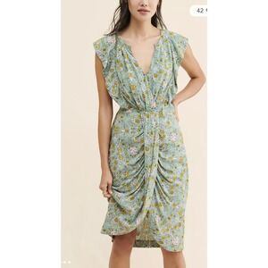 Anthropologie Women's Maeve Blossom Ruffled Mini Dress Sage Floral Draped Sz 8